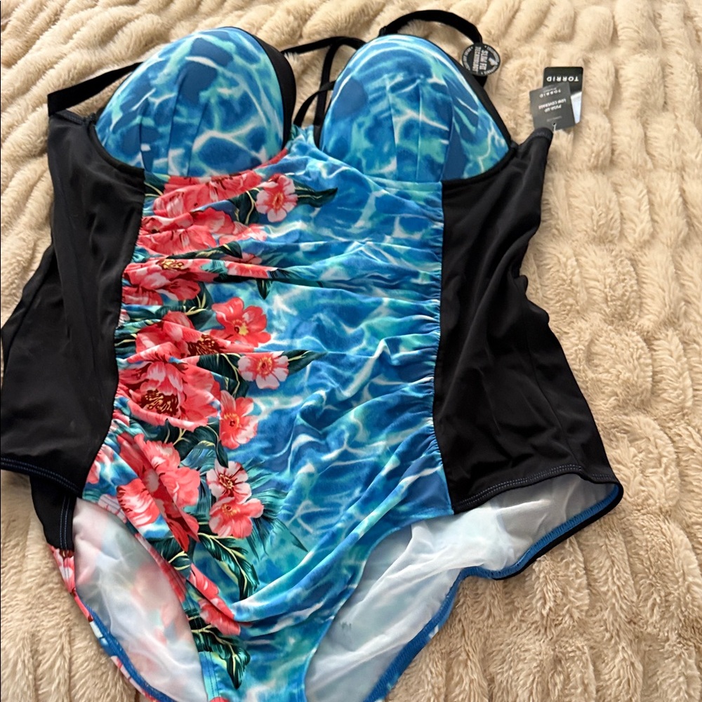 Torrid Blue and Black Floral One Piece Swimsuit